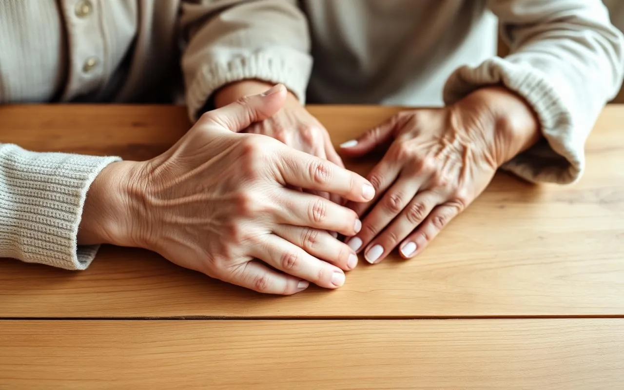An older parent's and adult child's hands resting together on a wooden table.